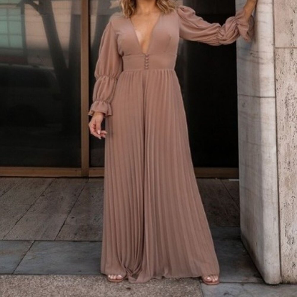 Glamour Long Sleeve Pleated Jumpsuit